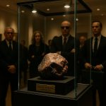 Close-up of a Martian meteorite on display under bright lights.