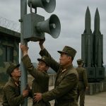 North Korean soldiers removing propaganda loudspeakers near the border, replacing them with disguised missile launchers.