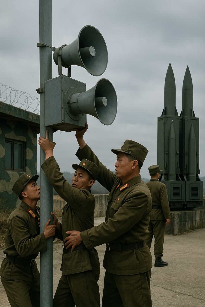 North Korean soldiers removing propaganda loudspeakers near the border, replacing them with disguised missile launchers.