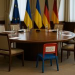 Peace talks table with an empty child’s chair labeled ‘Russia’ in crayon.