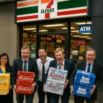 Five suited government officials stagger out of a 7-Eleven at night carrying cases of beer, visibly intoxicated.