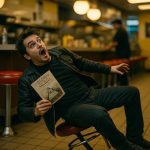 A man clutching a Flat Earth pamphlet lies dazed on a waffle house floor.