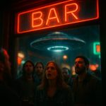 An alien spacecraft hovers above a bustling Earth bar with neon lights and patrons oblivious inside.