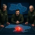 Ukrainian officials examine a glowing digital map with a red question mark marking unclaimed territory.