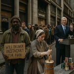 Modern bread line forms in collapsing economy as citizens blend 1800s survival tactics with gig work hustle