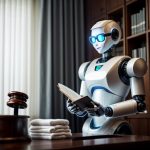 A futuristic robot doing laundry while reading a legal document