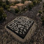 Protesters forming a giant QR code in the streets