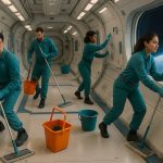 Zero-gravity janitors attend orbital orientation