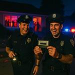 Police officers distracted by a house party DJ setup.