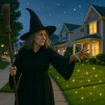 Witch casting spell in suburban neighborhood