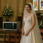 Woman standing next to a microwave looking frustrated