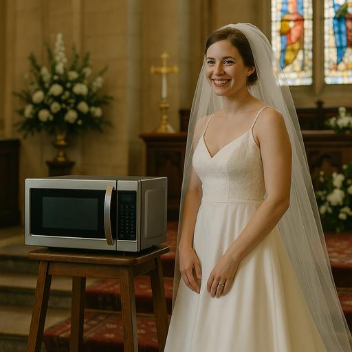 Woman standing next to a microwave looking frustrated