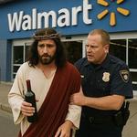 Jesus being escorted out of Walmart by security guards
