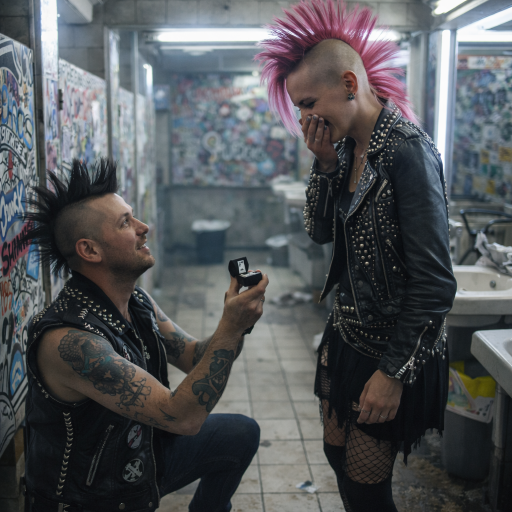 Punk couple inside Circle K bathroom